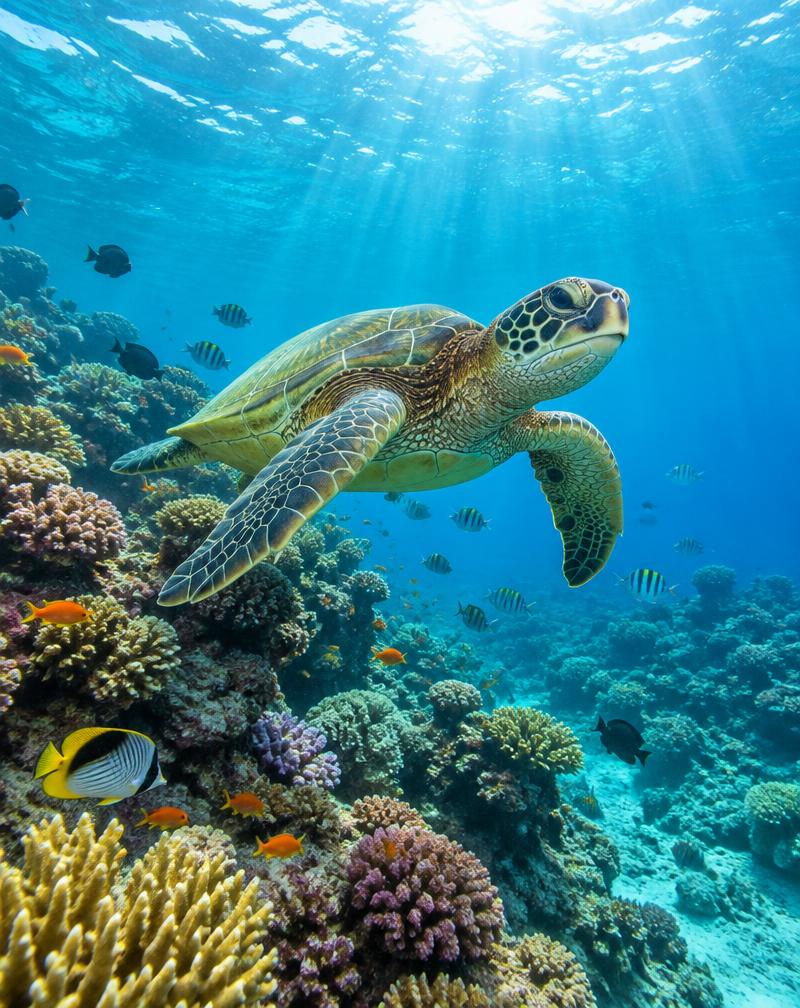 Sea turtle swimming over coral at Kisite Marine Park